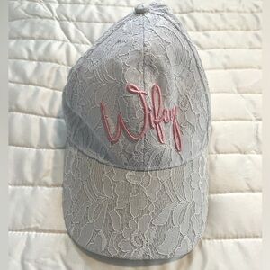 Miss to Mrs white lace baseball style hat with pink Wifey embroidered on front